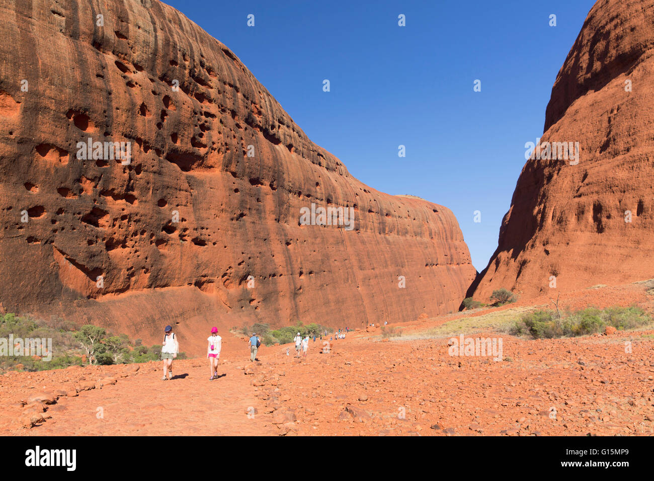 Les touristes de la randonnée au Walpa Gorge, Kata Tjuta (les Olgas), l'UNESCO, le Parc National d'Uluru-Kata Tjuta, Territoire du Nord, Australie Banque D'Images