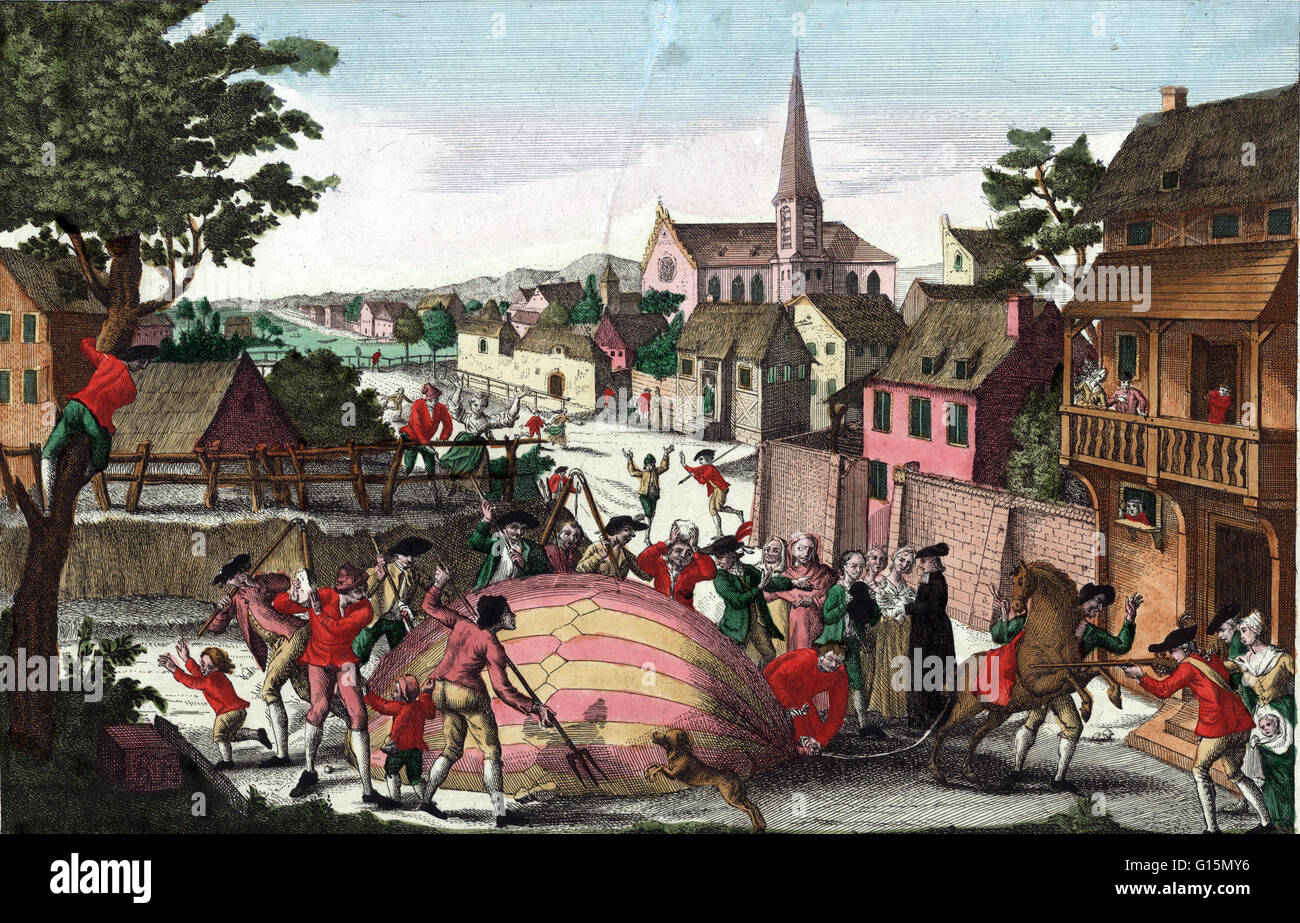Le ballon à gaz sans pilote Mongolfier, 'Le monde', qui a effrayé les villageois à Gonesse, France après l'atterrissage il y a le 27 août 1783. Joseph-Michel Montgolfier (Août 26, 1740 - Juin 26, 1810) et Jacques-Étienne Montgolfier (6 janvier 1745 circons - Banque D'Images