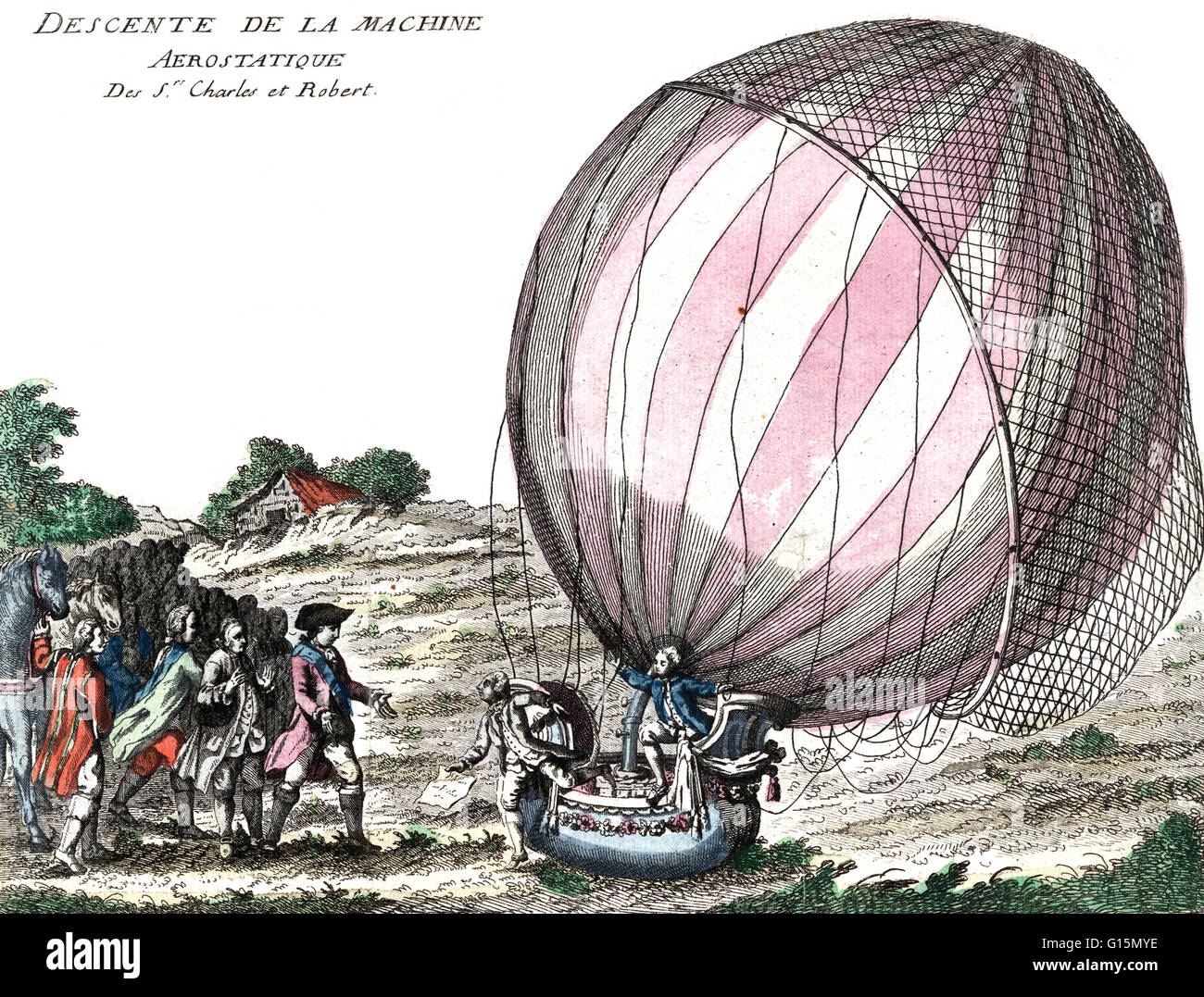 Jacques Charles et Nicolas-Louis Robert sortant de leur ballon d'hydrogène sur une plaine près de Nesle, France après le premier vol en ballon en décembre de 1783. Jacques Alexandre César Charles (Novembre 12, 1746 - Avril 7, 1823) was a French inven Banque D'Images