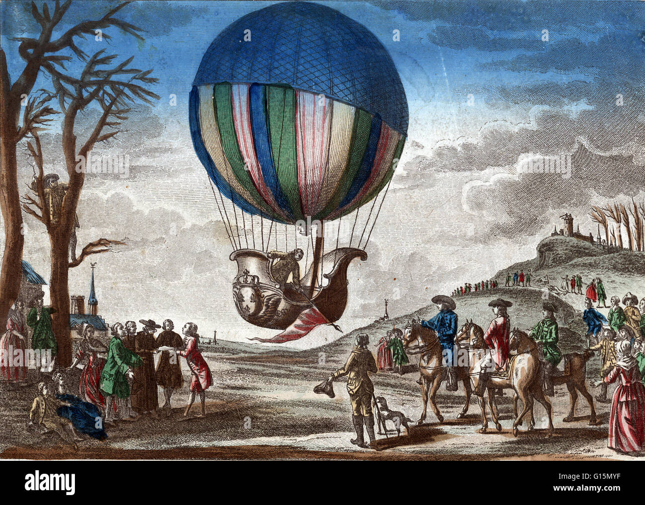 Jacques Alexandre César Charles quitte Nesle, France après le débarquement du premier vol en ballon à hydrogène à partir de Paris le 1 décembre 1783. Marie-Nöel Robert (sur le sol à gauche), qui a accompagné Charles sur le vol, prend les déclarations des avec Banque D'Images