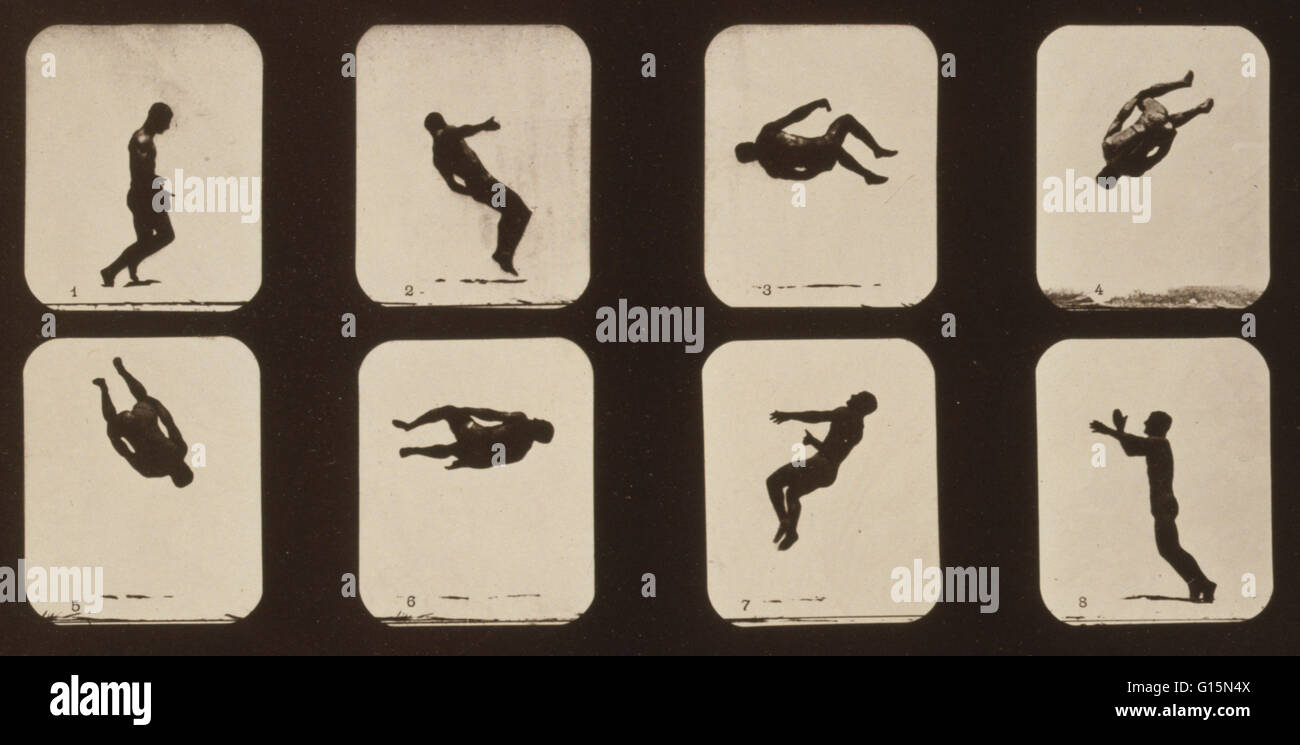 Muybridge la locomotion humaine, tordant somersault, 1881. Photo montre 8 images consécutives d'un homme faisant un saut périlleux de torsion. Eadweard James Muybridge (9 avril 1830 - 8 mai 1904) était un photographe anglais important pour son travail de pionnier en phot Banque D'Images