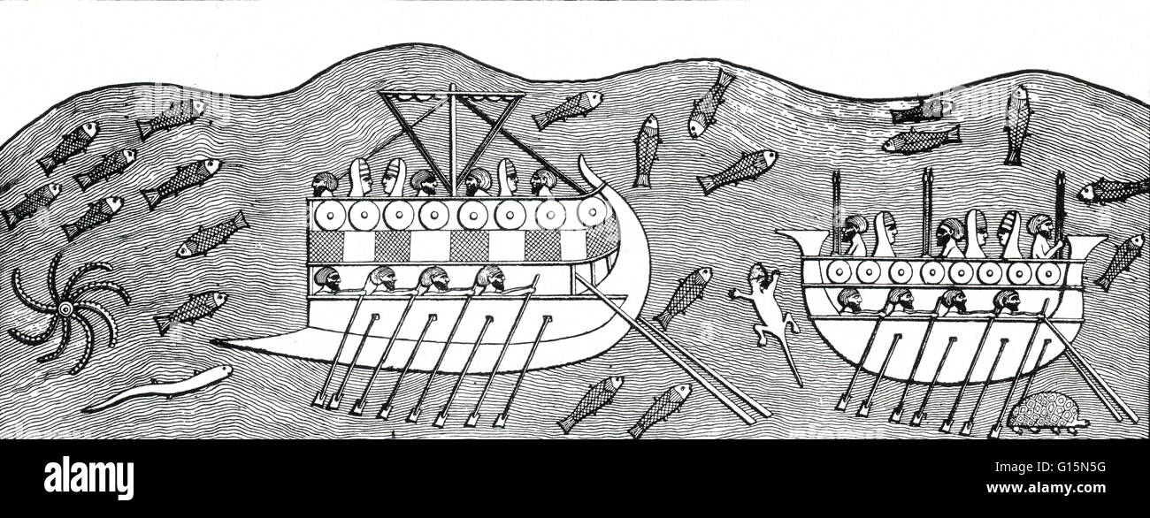 Détail d'un mur de secours de guerre assyrienne 700-692 BCE de Ninive, South-West Palace. Les navires ont été probablement construit et occupé par les Phéniciens employés par Sanchérib. Un bireme est un ancien navire de guerre oared (cuisine) avec deux ponts d'avirons, inventé par th Banque D'Images