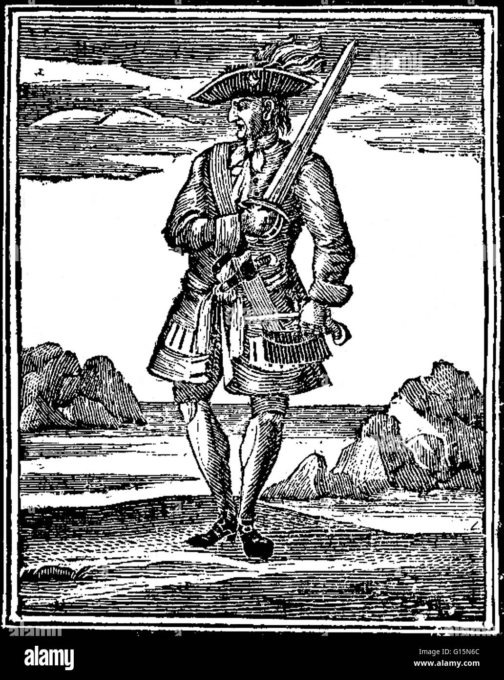 John Rackham (Décembre 27, 1682 - Novembre 18, 1720), communément connu sous le nom de Calico Jack, était un capitaine pirate anglais opérant dans les Bahamas et à Cuba au cours de la début du 18e siècle. Il est plus connu pour deux choses : la conception de son drapeau Jolly Roger Banque D'Images