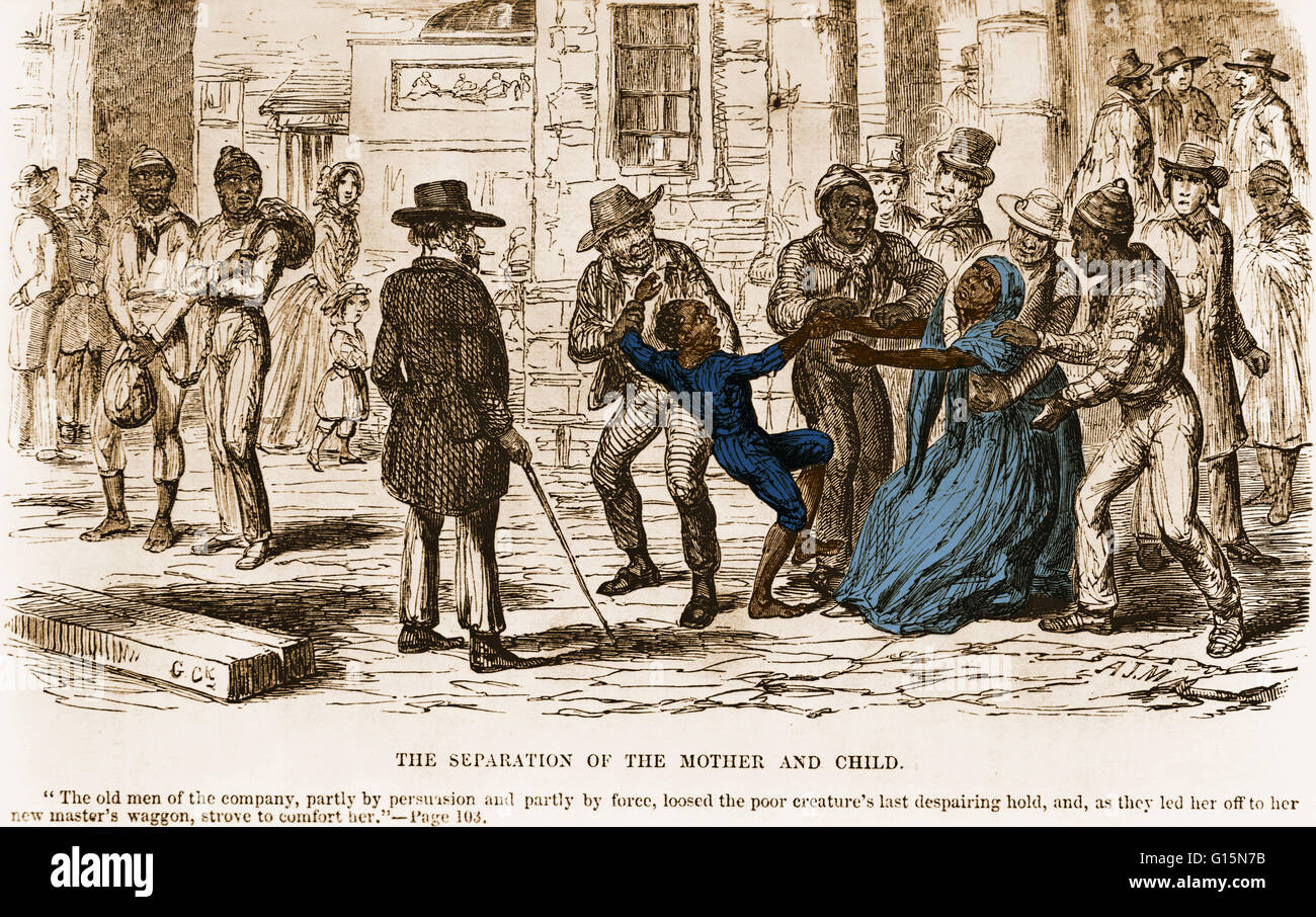 Une illustration gravée par George Cruikshank d'une scène du roman 'Uncle Tom's Cabin' par l'abolitionniste américain et auteur, Harriet Beecher Stowe (1811-1896), dans laquelle une femme esclave est séparée de son enfant. "L'ancien des hommes de l'entreprise, en partie Banque D'Images