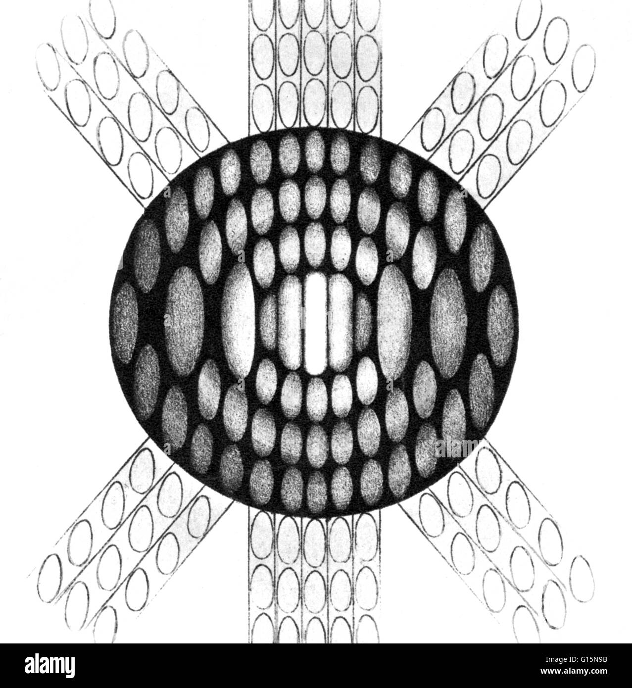 La Diffraction est le phénomène exposées par des fronts d'onde que, en passant le bord d'un corps opaque, sont modulés, causant ainsi une redistribution de l'énergie au sein de l'avant. C'est détectable dans des ondes de lumière par la présence d'un modèle de dar étroitement espacées Banque D'Images