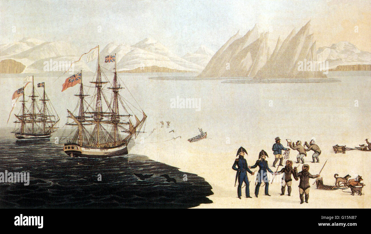 Illustration du premier contact (1818) entre l'explorateur de l'Arctique John Ross et les Esquimaux (Inuits) de l'île de Baffin, qui n'avait jamais vu d'Européens, au cours de la tentative de trouver le Passage du Nord-Ouest. Sir John Ross (1777-1856), est un trompettiste, admir arrière Banque D'Images