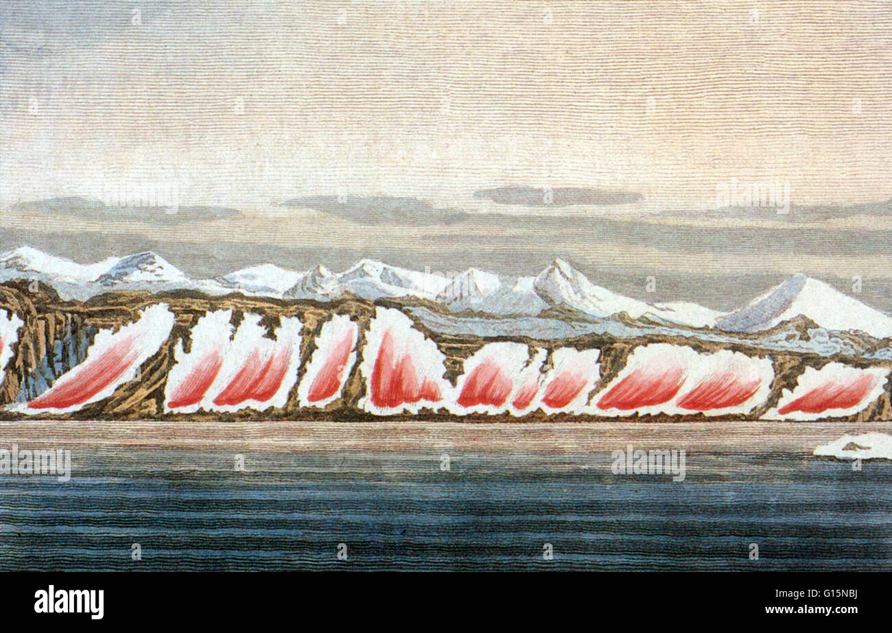 Un dessin fait par l'explorateur de l'Arctique John Ross en 1818, montrant la sterne de coloration des glaces de l'Arctique. Ce phénomène est causé par une plante unicellulaire Chlamydomonas nivalis, qui fleurit uniquement dans les climats humides froides. À l'époque, Ross a envoyé à terre pour les marins de Banque D'Images