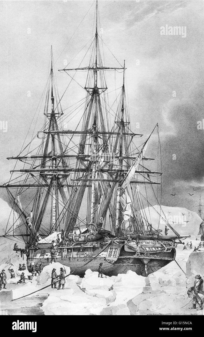 Le navire de l'explorateur français Dumont d'Urville (1790-1842) coincé dans la banquise de l'Antarctique en 1838-1839. L'équipage est indiqué de faire de l'eau douce de l'flottantes. D'Urville explore le sud et l'ouest du Pacifique, l'Australie, la Nouvelle-Zélande et l'Antarctique. Comme botan Banque D'Images