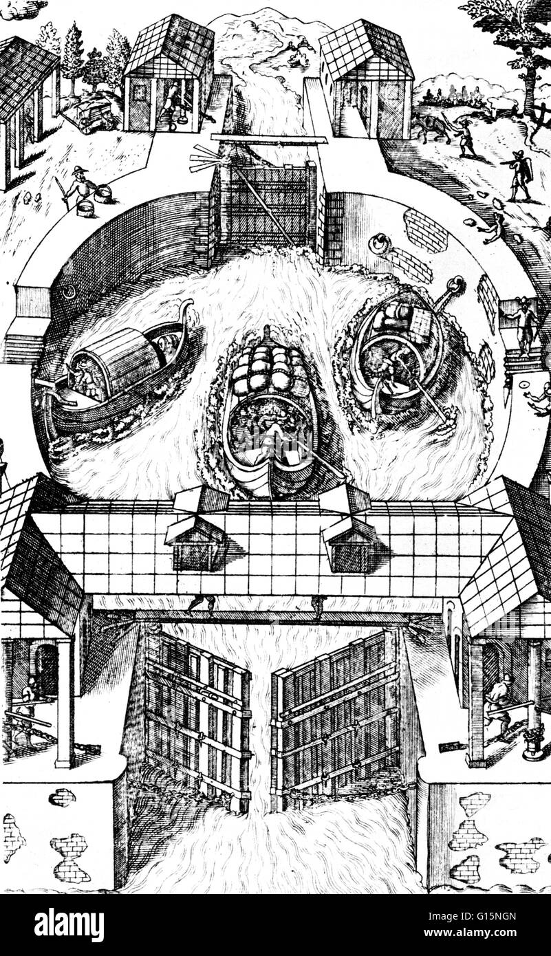 Gravure d'une écluse à Vittorio Zonca, du Teatro di Novo et de la machine par edificii varie et sicure operationi (1607) qui décrit et illustre une foule de réalisations mécaniques de son temps, et offre une interprétation réaliste de Léonard de V Banque D'Images