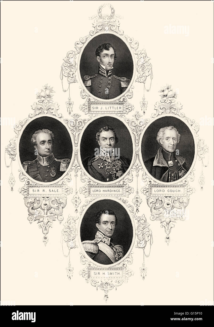 Officiers de l'Armée britannique en Inde, 19e siècle, Sir John Hunter Littler, Sir Robert Henry Vente, Henry Hardinge, Sir Hugh Gough, il Banque D'Images