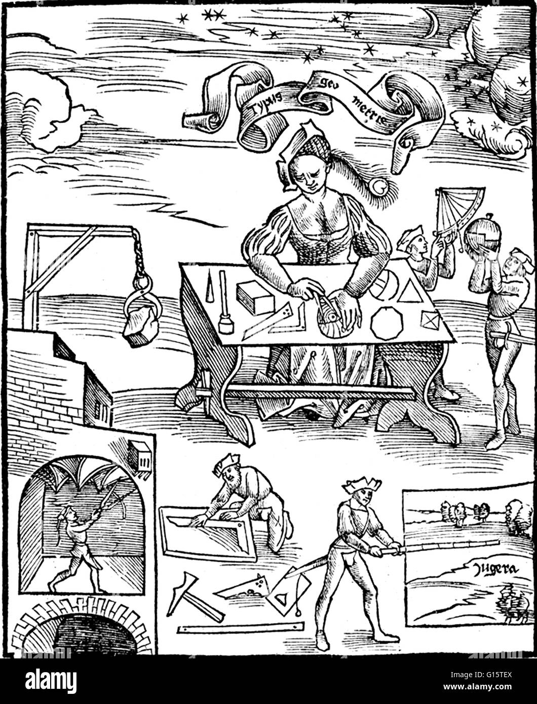 Gravure sur bois à partir de la géométrie classique chapter (allégorie de la géométrie) illustrant diverses figures géométriques ainsi que des instruments géométriques. La géométrie est une branche des mathématiques sur des questions de forme, de taille, de position relative des chiffres, et le pr Banque D'Images