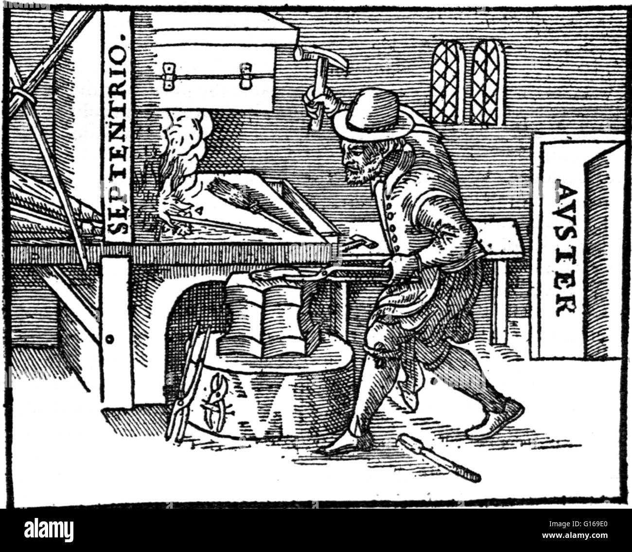 Formulaire de Magnete Illustration par William Gilbert, publié en 1600. Un forgeron martelant un bar de refroidissement de l'acier alors qu'il est aligné dans le nord-sud (SEPTENTRIO-AUSTER) direction. Le bar pour saisir certains de la magnétisme. William Gilbert (24 mai Banque D'Images