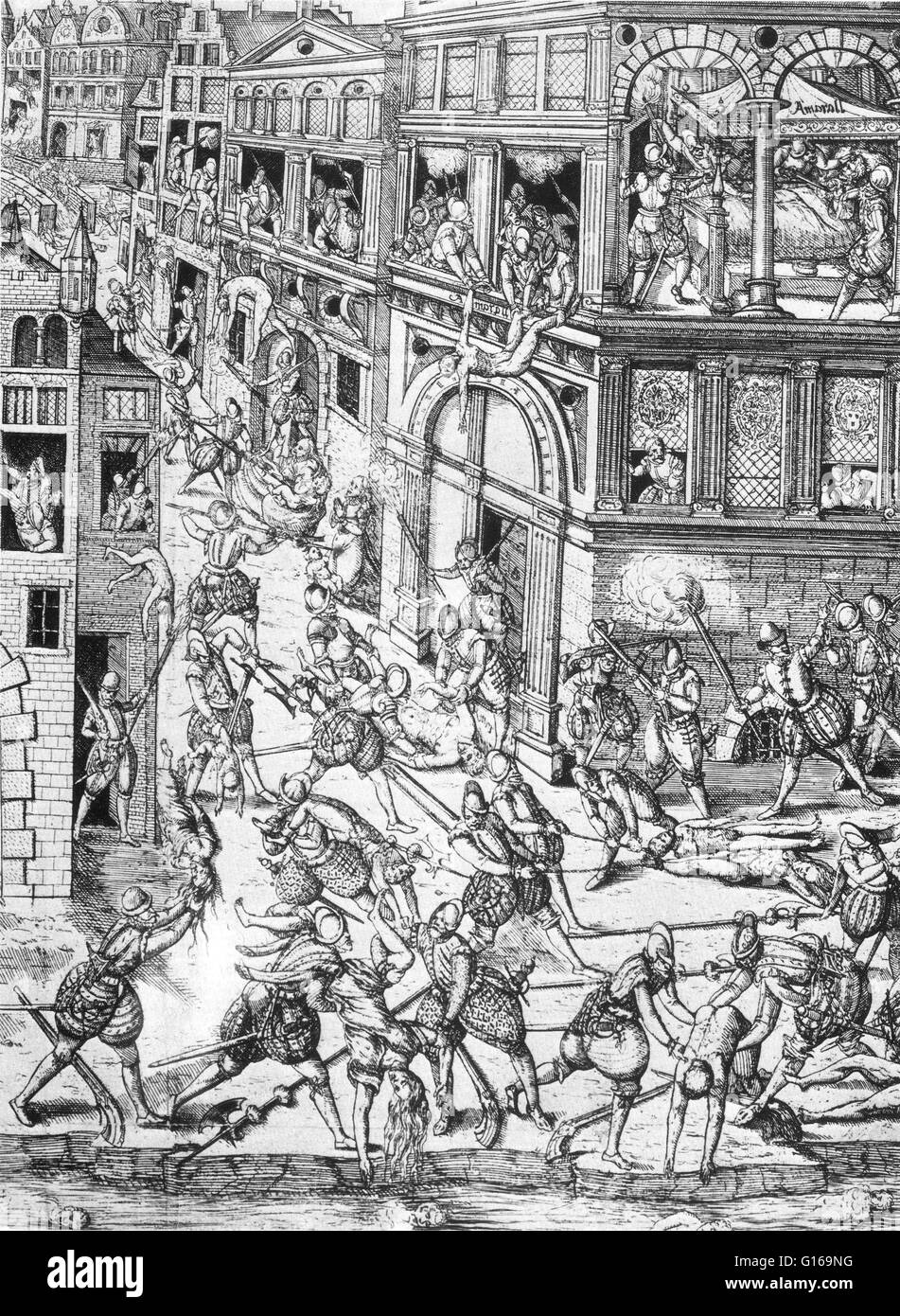 Le massacre de la Saint-Barthélemy en 1572 était un groupe cible d'assassinats, suivie par une vague de violence collective Catholique Romaine, tous deux dirigés contre les Huguenots, pendant les Guerres de Religion. Traditionnellement admis d'avoir été à l'initiative de Catherine de Médicis. Le massacre a commencé le 23 août 1572, deux jours après la tentative d'assassinat de l'amiral Gaspard de Coligny, le chef militaire et politique des Huguenots. Le roi ordonne le meurtre d'un groupe de chefs huguenots, dont Coligny, et l'abattage répartis dans tout Paris. Durant plusieurs semaines, le massac Banque D'Images