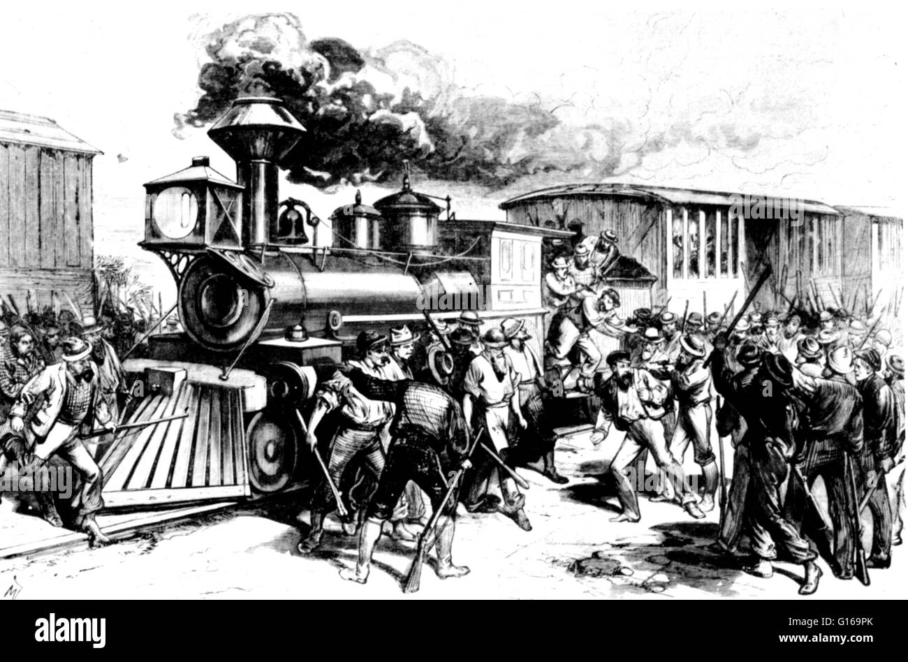 La grande grève des chemins de fer de 1877 a commencé le 14 juillet à Martinsburg, en Virginie de l'Ouest, en réponse à la réduction des salaires pour la deuxième fois en un an par le Baltimore & Ohio Railroad (B&O). Les travailleurs en grève ne permettrait pas à tout le stock de rouler jusqu'à ce deuxième réduction des salaires a été révoqué. Le gouverneur a envoyé dans la région d'unités de milice pour rétablir le service ferroviaire, mais les soldats ont refusé d'utiliser la force contre les grévistes et le gouverneur a demandé que les troupes fédérales. La grève se propager à Cumberland, Maryland, arrêter le trafic marchandises et voyageurs. Lorsque le gouverneur John Carroll du Maryland a dirigé le 5e et Banque D'Images