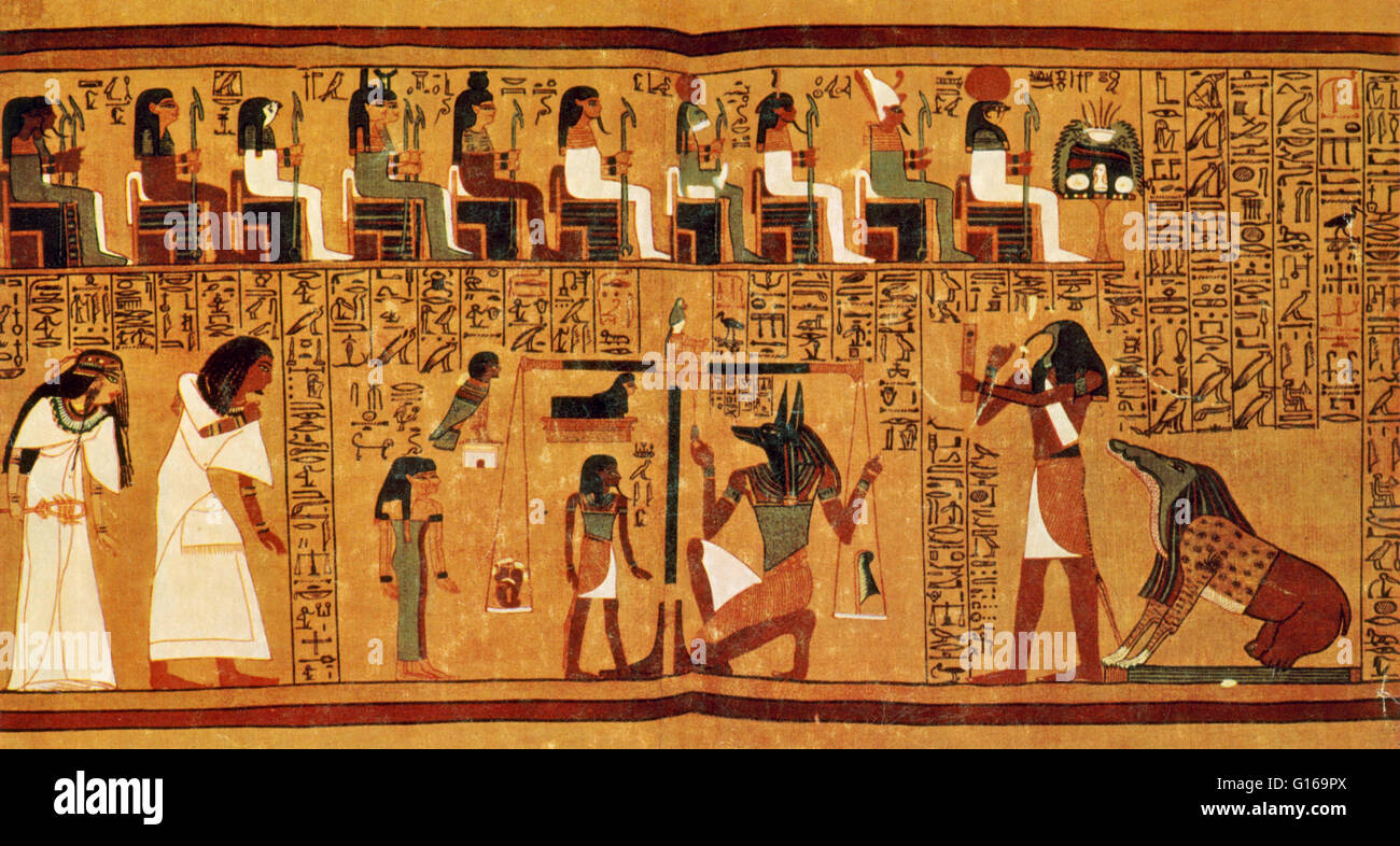 Le papyrus d'Ani est un papyrus manuscrit écrit en hiéroglyphes cursifs et illustré de miniatures couleur créée dans la xixe dynastie du Nouvel Empire de l'Egypte ancienne. Le "Livre des Morts" pour scribe Ani de Thèbes est le manuscrit appelé le Banque D'Images
