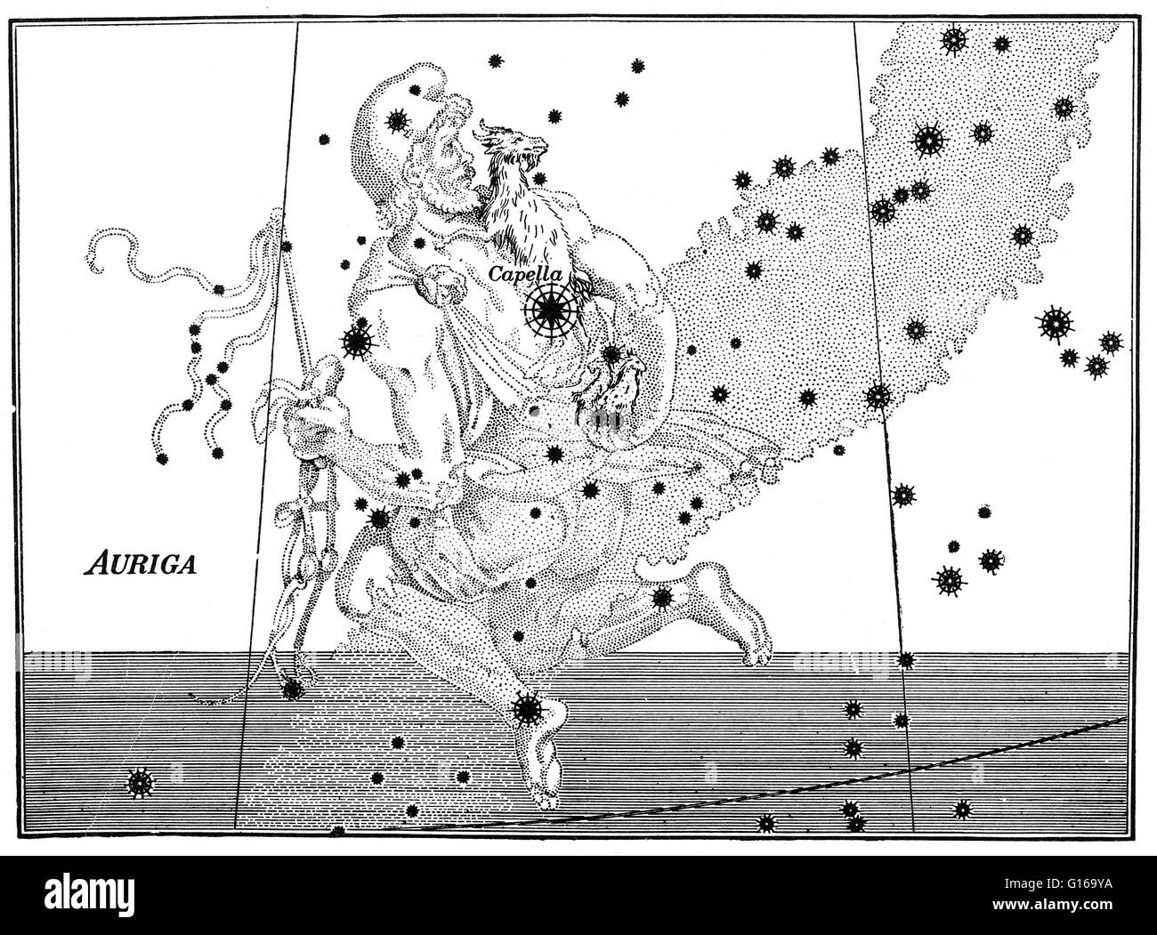 Constellation Auriga de Johann Bayer's star atlas Uranometria Omnium Asterismorum, 1603. Auriga est une des 48 constellations répertoriées par Ptolémée astronome du 2ème siècle, et reste l'une des 88 constellations modernes définies par l'International Ast Banque D'Images