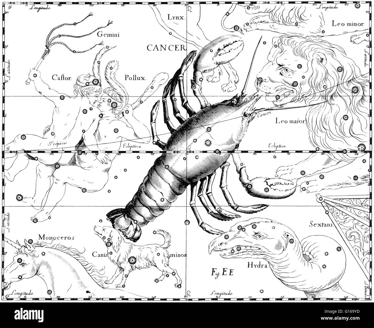À partir de la constellation du Cancer' Johannes Hevelius Prodromus astronomiae, Firmamentum Sobiescianum, sive Uranographia, 1687. Le cancer est l'une des constellations du zodiaque. C'est l'une des 48 constellations décrites par le 2ème siècle, un astronome Ptolémée Banque D'Images