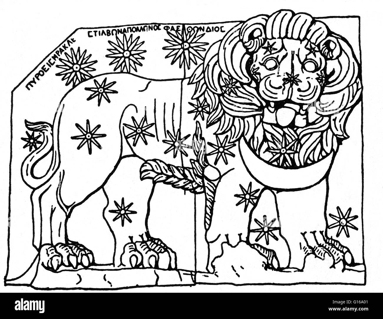 Lion avec la lune et les étoiles, Mercure, Mars et Jupiter. Le lion est l'une des constellations du zodiaque. Son nom est latin pour lion. L'une des 48 constellations décrites par le 2ème siècle, l'astronome Ptolémée et il reste l'un des 88 constella moderne Banque D'Images