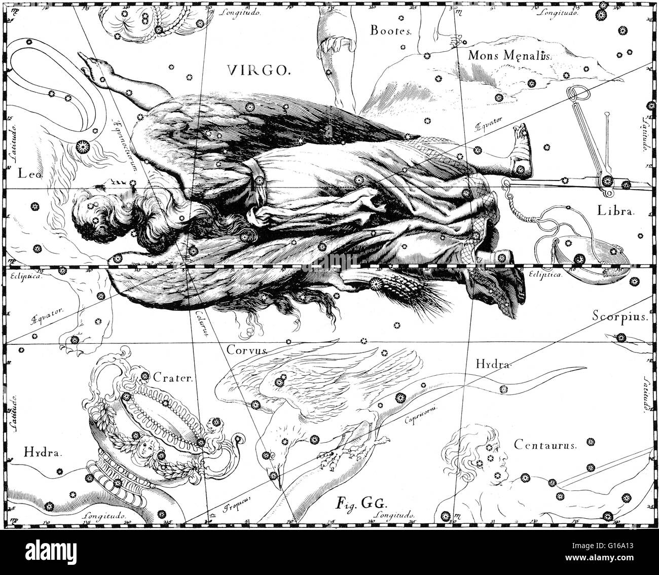 À partir de la constellation de la Vierge' Johannes Hevelius Prodromus astronomiae, Firmamentum Sobiescianum, sive Uranographia, 1687. La Vierge est l'une des constellations du zodiaque. Son nom est latin pour Virgin. Il a été l'une des 48 constellations répertoriées par la 2ème cen Banque D'Images