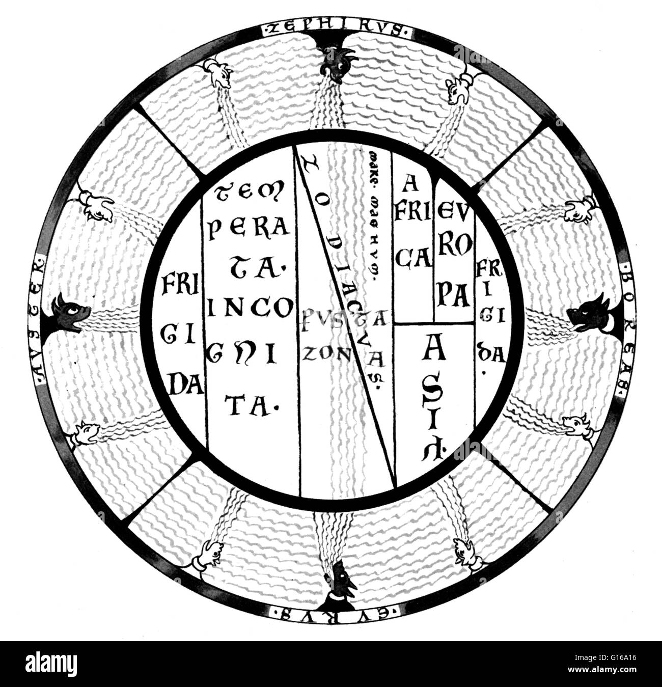 Macrobius T et O carte du monde médiéval avec les zones climatiques et la Mare Magnum, le Grand Océan qui a été pensé pour séparer le seanworld habitées d'un continent inconnu au sud. Macrobius Ambrosius Theodosius était romain qui flourishe Banque D'Images