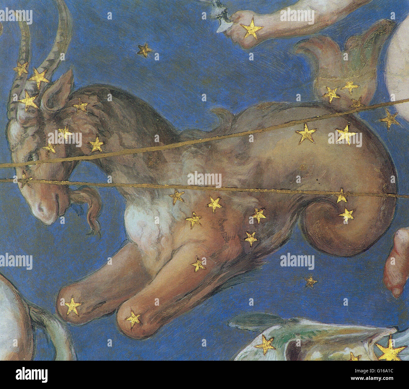 Le Capricorne constellation sur le plafond de la Villa Farnèse, Montefiascone, Italie a peint en 1575. Le Capricorne est l'une des constellations du zodiaque, il est souvent appelé le Capricorne, surtout lorsqu'il s'agit de la même signe astrologique. Sa na Banque D'Images