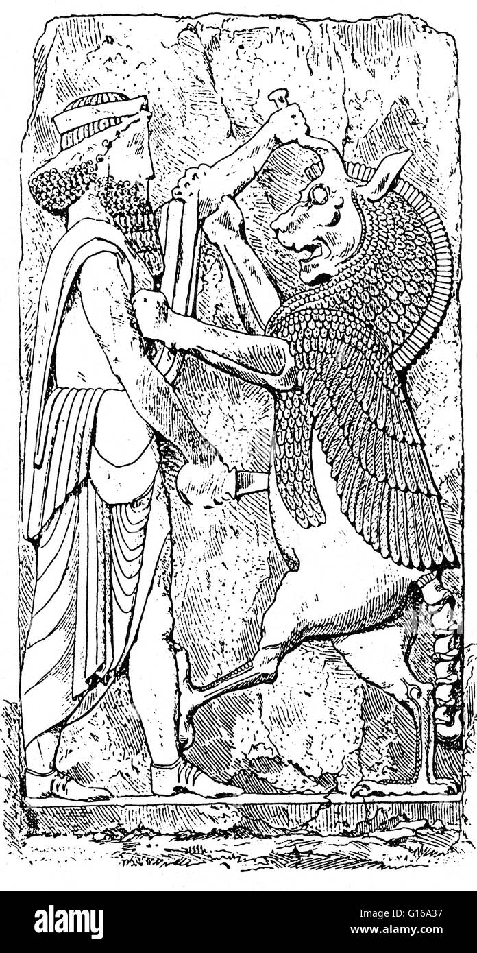Reproduction de soulagement de côté sud-ouest du Palais de Darius, Persépolis, titré : "La bataille du roi céleste avec le Griffin, un hybride composé d'un Taureau, Lion, Scorpion et aigle.' Persépolis était la capitale de cérémonie de l'Empire achéménide Banque D'Images