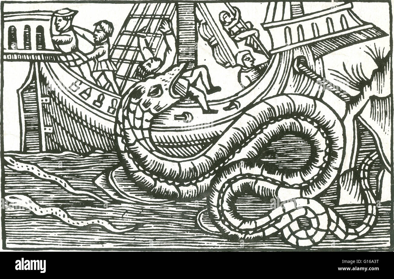 Dans Olaus Magnus' 1555 Historique du travail des peuples du Nord, il décrit un serpent l'audace qu'il serait sorti de sa grotte sous-marine sur des nuits d'été à la fête sur les veaux, agneaux et porcs. Cette bête était de 200 pieds de long et 20 Banque D'Images