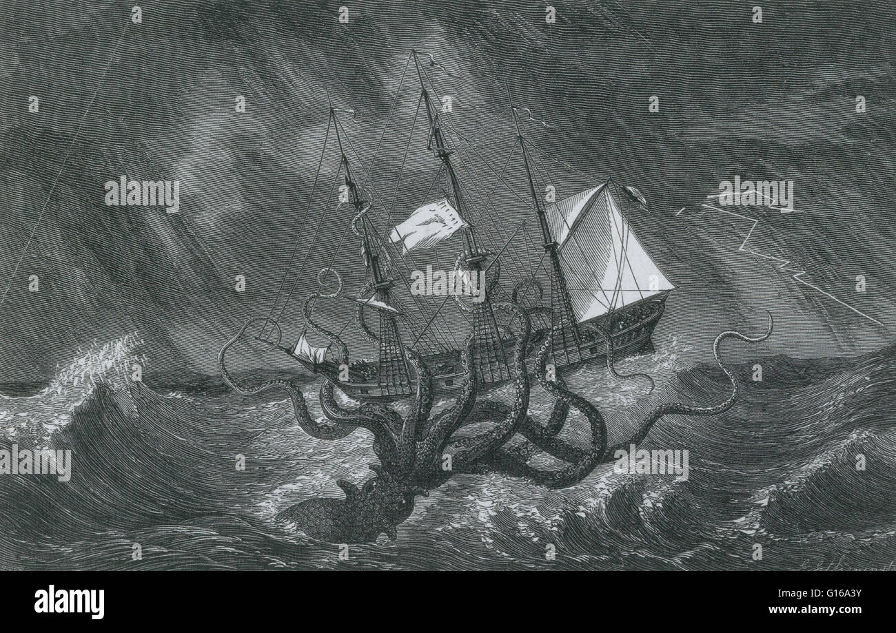 L'attaque du Kraken navire pendant une tempête, l'image remonte à 1700. Kraken sont légendaires monstres marins de proportions gigantesques dit de demeurer au large des côtes de la Norvège et du Groenland. La légende peut avoir pour origine l'observation de calmars géants qui sont estimées à Banque D'Images