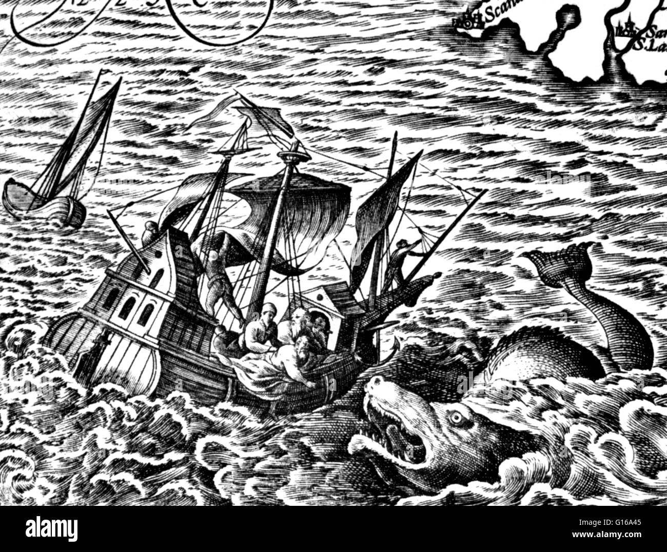 Détail d'une carte dans l'atlas Theatrum orbes terrarium, Abraham Ortelius, 1583. Les vieilles peurs de l'inconnu se reflètent même est ce travail révolutionnaire de la science. Les monstres marins sont des mer mythique ou les créatures légendaires, souvent, croit-on, d'immen Banque D'Images