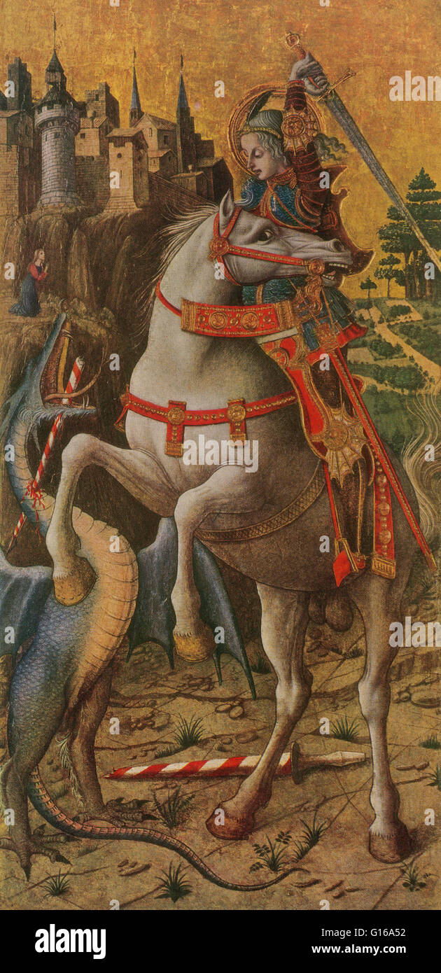 Saint George (275/281 - 23 avril, 303 AD) était un soldat dans l'armée romaine plus tard vénéré comme un martyr chrétien. Il est l'un des plus vénérés saints dans les Églises catholique, anglicane, orthodoxe orientale, et les églises orthodoxes orientales. Il est immortalisé dans Banque D'Images