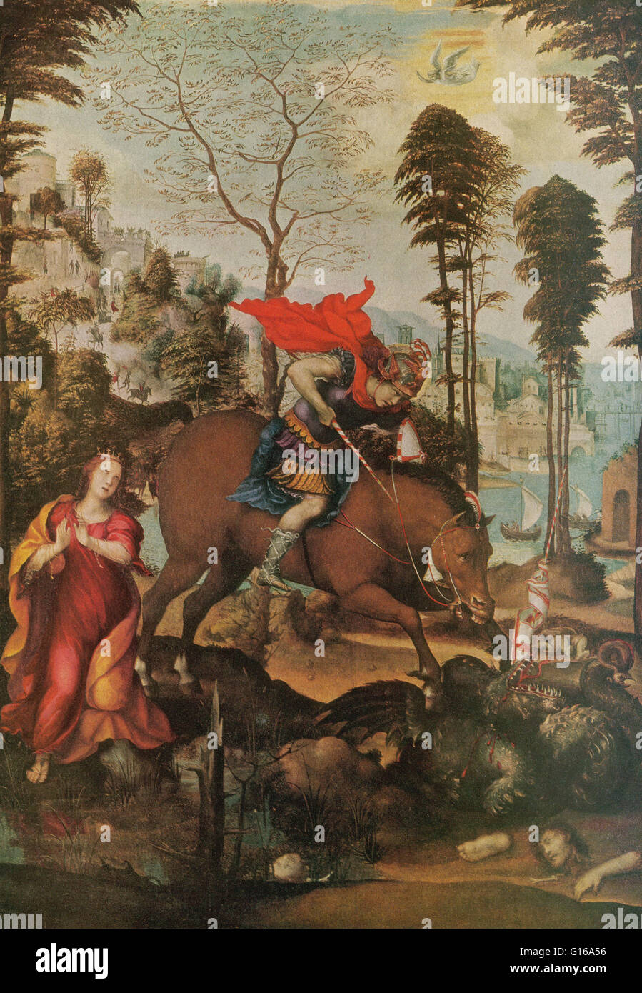Saint George (275/281 - 23 avril, 303 AD) était un soldat dans l'armée romaine plus tard vénéré comme un martyr chrétien. Il est l'un des plus vénérés saints dans les Églises catholique, anglicane, orthodoxe orientale, et les églises orthodoxes orientales. Il est immortalisé dans Banque D'Images