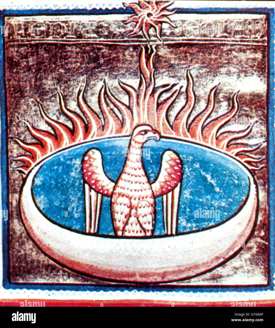 13e siècle manuscrit lumineux indique le phénix sur son bûcher, qui était éclairé par les rayons du soleil au-dessus. Le Phoenix est un sacré mythique firebird qui peuvent être trouvés dans les mythologies des perses, grecs, romains, Égyptiens, Chinois, et Banque D'Images