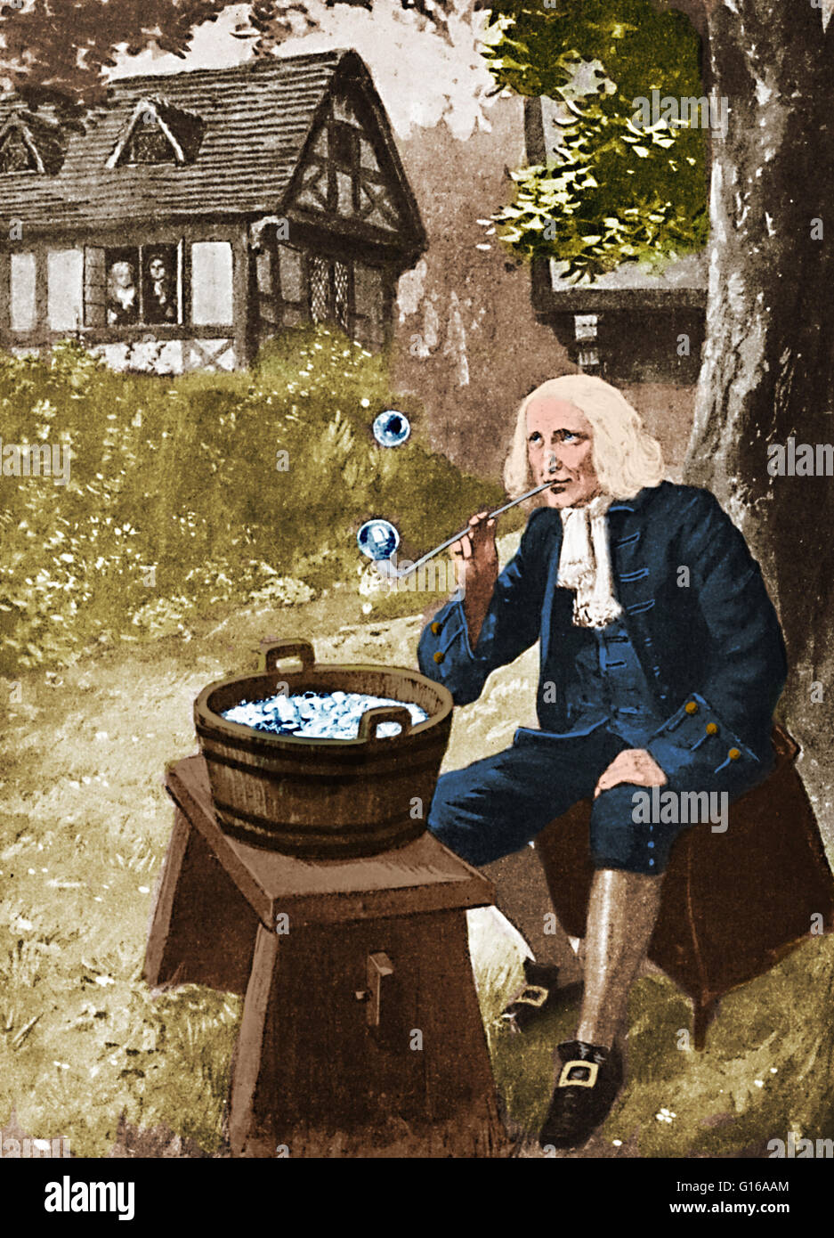 La légende de cette image historique se lit comme suit : 'Il utilisé pour amuser les voisins de Sir Isaac Newton pour voir le grand homme dans son jardin, soufflant des bulles de savon avec ce tuyau à longue tige. Mais il amusé Sir Isaac lui-même beaucoup plus, car il était à l'aide de ces bubble Banque D'Images