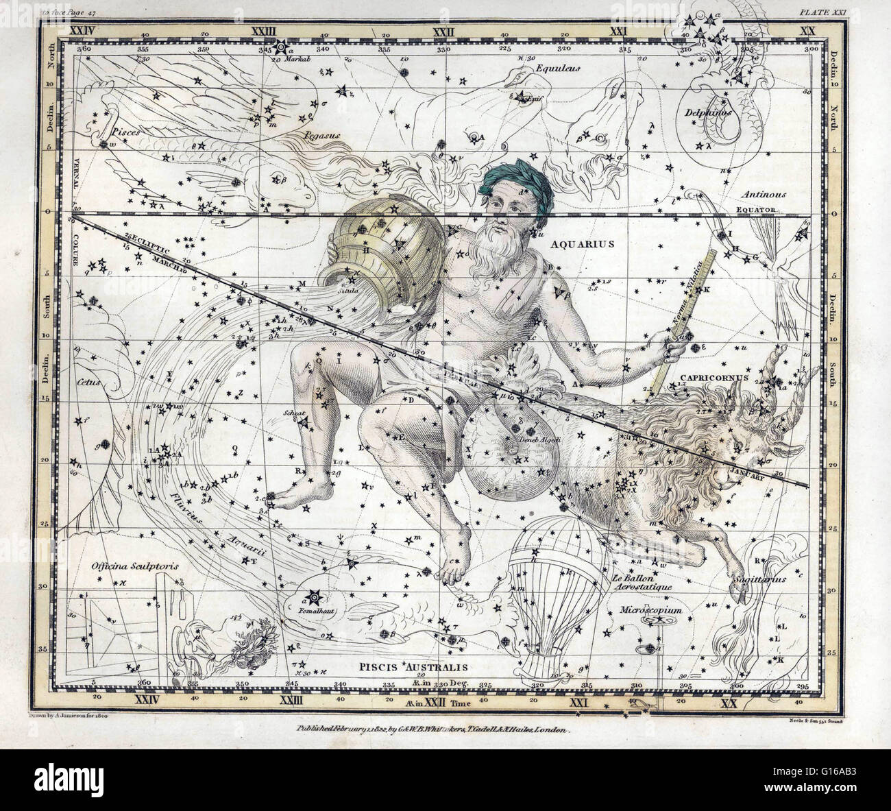 Aquarius est une constellation du zodiaque. Son nom est latin pour l'eau,-transporteur ou tasse-transporteur. Le Verseau est le onzième signe astrologique dans le zodiaque, provenant de la constellation du Verseau. Elle couvre l'300-330ème degré du zodiaque, entre 305 Banque D'Images