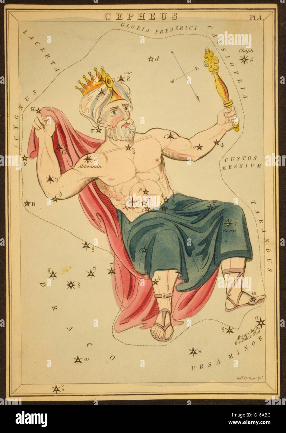 Tableau astronomique montrant un homme en position assise formant la constellation. Céphée est une constellation dans le ciel du nord. Il est nommé d'après Céphée, roi d'Alcatraz dans la mythologie grecque. Il a été l'une des 48 constellations répertoriées par le 2ème siècle comme Banque D'Images