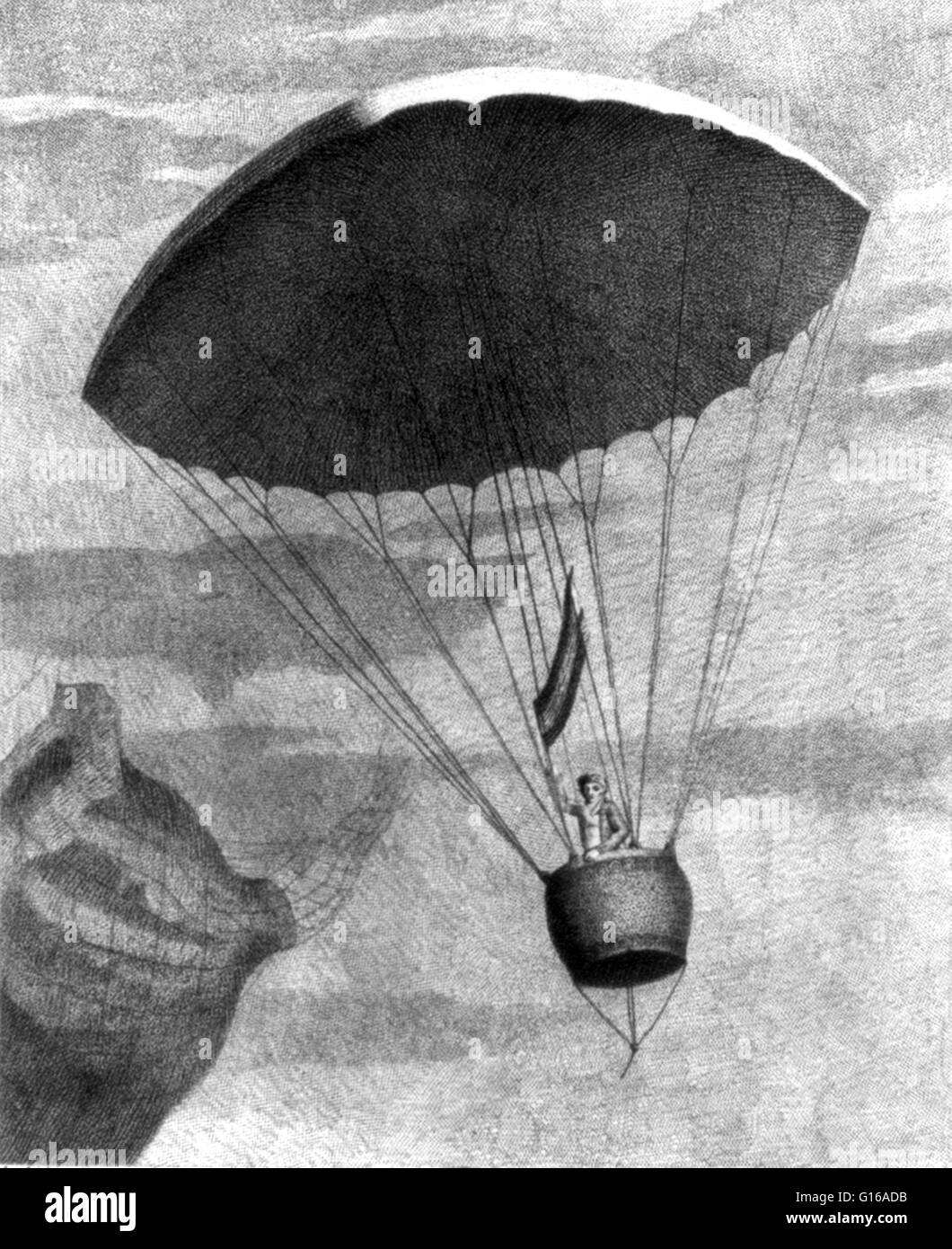 Imprimer montre Garnerin, premier homme à descendre dans un parachute, debout dans la gondole de son parachute qui agitait un drapeau français après la libération de son ballon dégonflé (indiqué à gauche). André-Jacques Garnerin (Janvier 31, 1769 - Août 18, 1823) était un aéronaute Banque D'Images