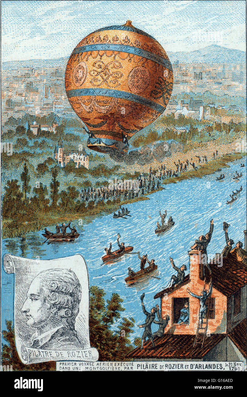 Le premier vol en ballon sans attache, par Pilatre de Rozier et le Marquis d'Arlandes le 21 novembre 1783. Leurs 25 minutes de vol parcouru lentement à environ 5,5 kilomètres au sud-est, atteignant une altitude de 3 000 pieds, avant de retourner à la masse à la Banque D'Images