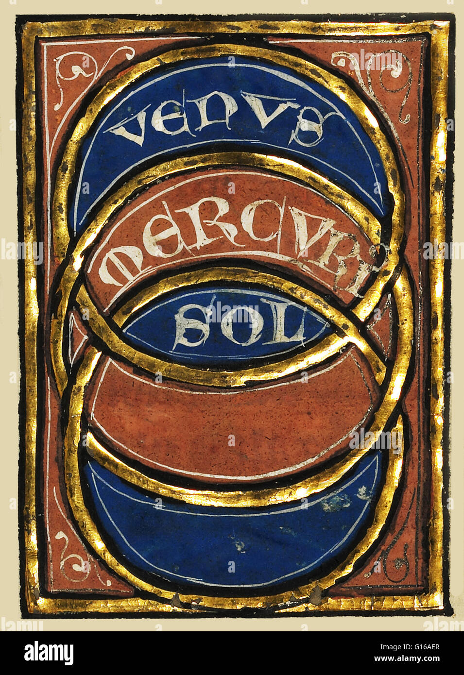 Illustration de l'orbite de Vénus, Mercure et le soleil, dans un manuscrit franco-flamande du dernier quart du 13e siècle (après 1277). Température de couleurs, encre et plume, feuille d'or et d'or de la peinture sur parchemin. Banque D'Images