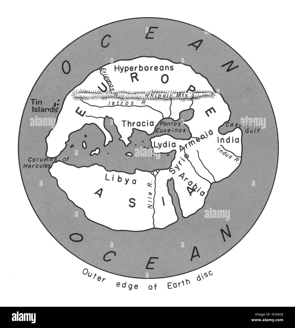 Le monde comme Hippocrate savait. La carte d'Hécatée représente la Méditerranée vue de la terre à 500 BC. Hécatée de Milet (550 BC - 476 BC), du nom de la déesse grecque Hécate, était un des premiers historien grec d'une famille riche. Il a prospéré pendant Banque D'Images