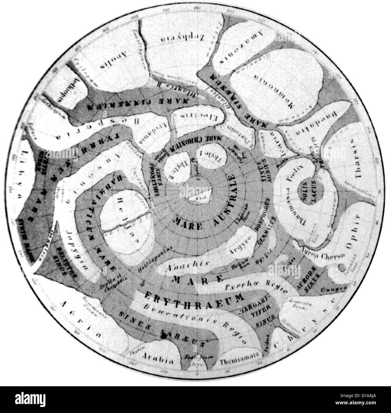 L'Aerographica Schiaparelli Mappa de Mars, projection stéréographique, 1877-1878. Giovanni Virginio Schiaparelli (1835-1910) était un astronome italien et historien des sciences. En 1888, Schiaparelli a annoncé la découverte d'un réseau de lignes étroites sur Mars, w Banque D'Images