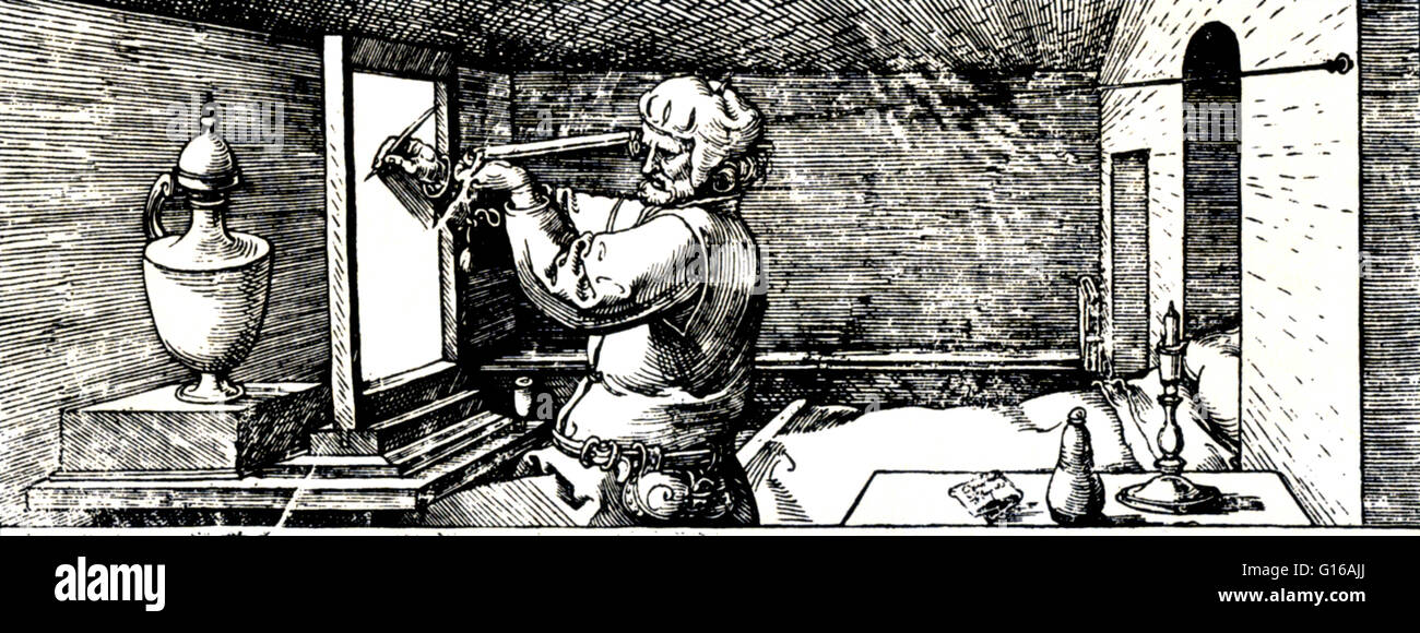 Projection perspective, les images pour la géométrie, Albrecht Dürer, 1532. Gravure sur bois de Dürer de Jacob de Keyser. Avec l'appareil de Keyser, le point de vue de l'artiste a été fixé par l'œil d'une grande aiguille insérée dans le mur. Cela a été rejoint par un segment 1 Banque D'Images