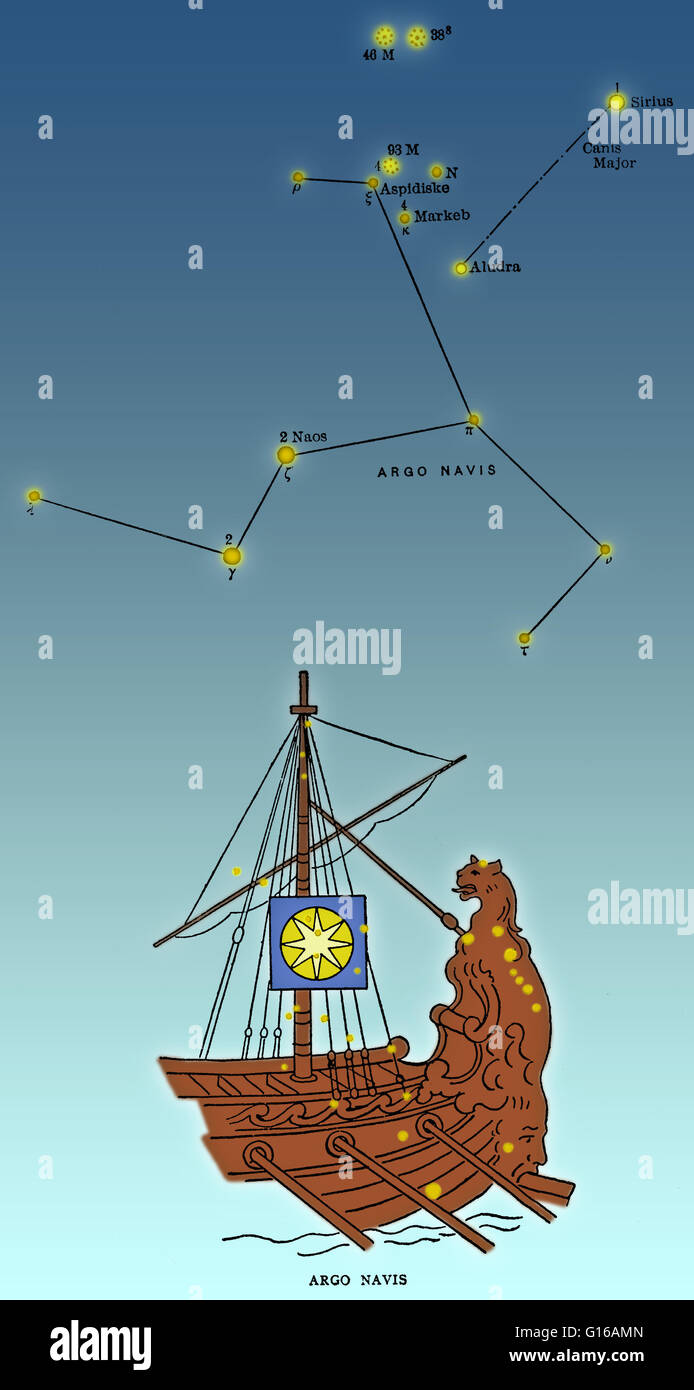 Argo Navis (ou simplement Argo) était une grande constellation dans le ciel du sud, qui a depuis été divisée en trois constellations. Il représentait l'Argo, le navire utilisé par Jason et les Argonautes dans la mythologie grecque. Argo Navis est la seule des 48 con Banque D'Images