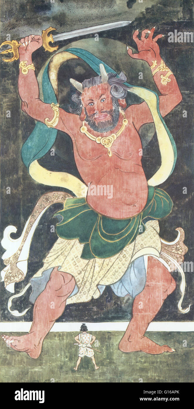 Oni sont une sorte de yokai du folklore japonais, traduit que démons, Démons, ogres ou trolls. Les représentations de l'oni varient largement mais habituellement présenter comme d'affreux, de gigantesques créatures ogre avec griffes acérées, cheveux sauvages, et deux longues cornes growin Banque D'Images