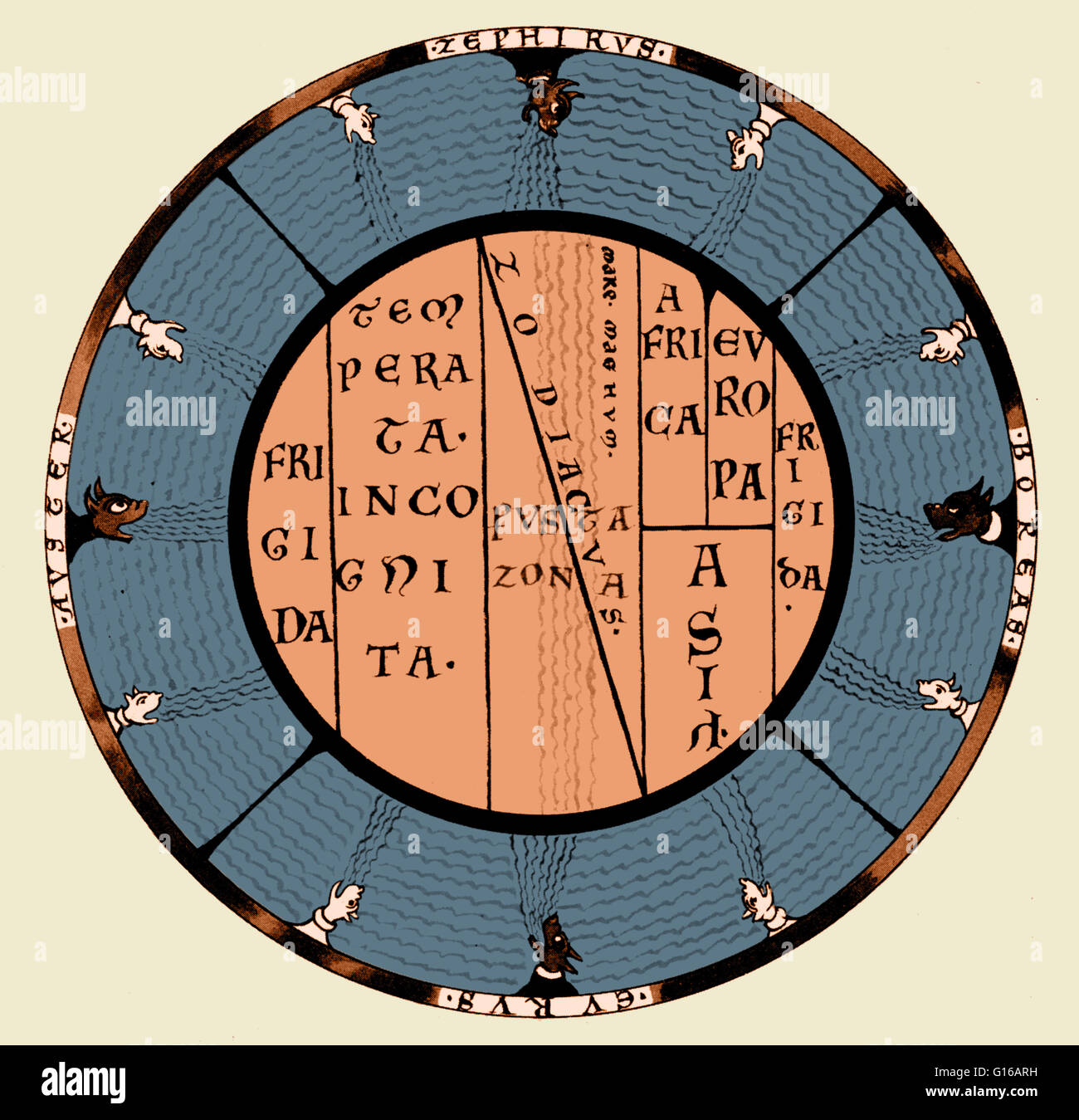 'T et O' (orbis terrarum) carte du monde médiéval par Macrobius Ambrosius, montrant les zones climatiques et la Mare Magnum, le Grand Océan qui a été pensé pour séparer le monde habité d'un continent inconnu au sud. Banque D'Images