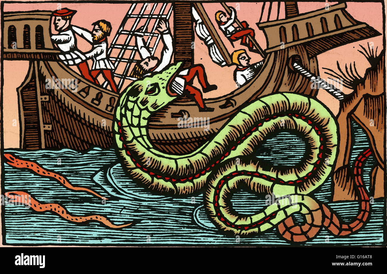 Dans Olaus Magnus' 1555 Historique du travail des peuples du Nord, il décrit le Kraken, un serpent l'audace qu'il serait sorti de sa grotte sous-marine sur des nuits d'été à la fête sur les veaux, agneaux et porcs. Cette bête a été dit d'être de 200 pieds de long et Banque D'Images