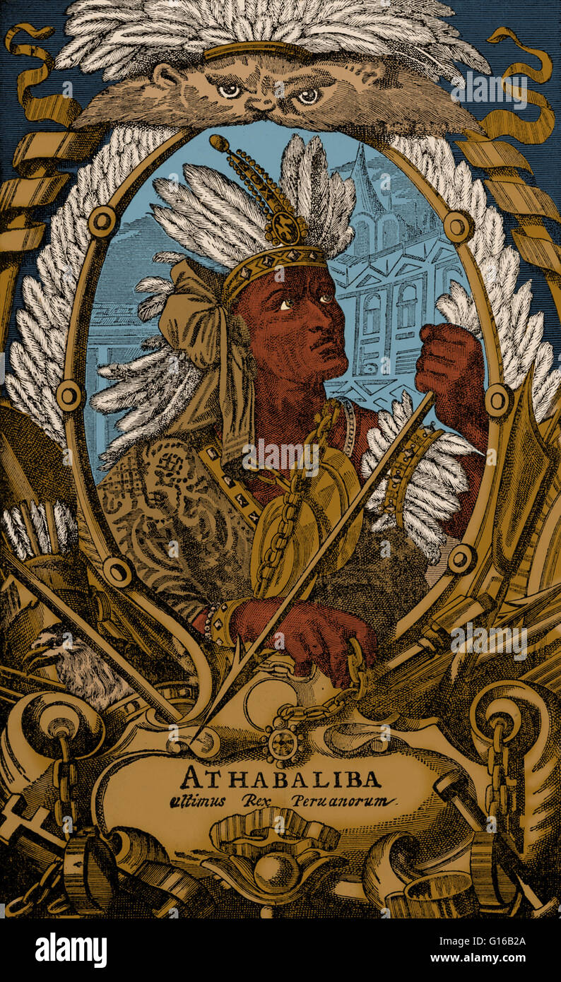 Gravure représentant Atahualpa (1497-1533), le dernier empereur de la souveraine l'Empire Inca avant la conquête espagnole du Pérou. Au cours de cette conquête, l'espagnol Francisco Pizarro capturé Atahualpa et l'a utilisé pour contrôler l'empire Inca. Finalement Banque D'Images