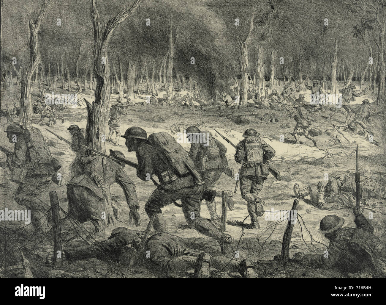 Esquisse d'une attaque d'infanterie dans les bois à l'avant d'Argonne par Lucien Jonas. La bataille de l'Argonne, était une partie de la dernière offensive des Alliés de la PREMIÈRE GUERRE MONDIALE qui s'étend le long de la Front de l'Ouest. Elle s'est déroulée le 26 septembre 1918, jusqu'à l'armis Banque D'Images