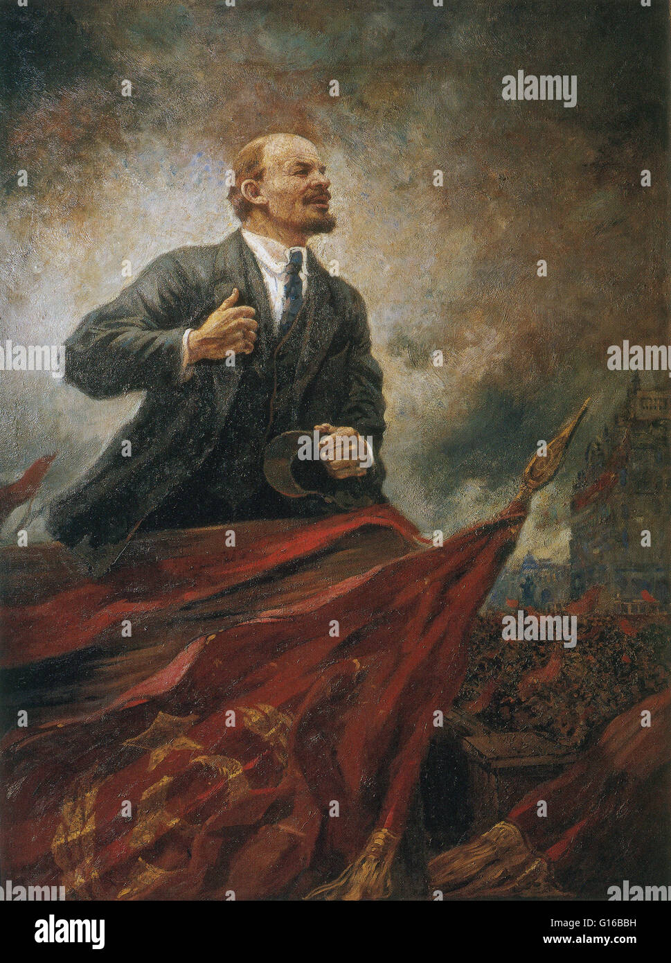 Lénine "sur le Podium", peint de façon posthume en 1929 par Aleksandr Gerasimov. Vladimir Ilitch Lénine (22 avril 1870 - 21 janvier 1924) était un révolutionnaire marxiste russe, homme politique communiste, homme d'État russe et théoricien marxiste. Lénine était la firs Banque D'Images