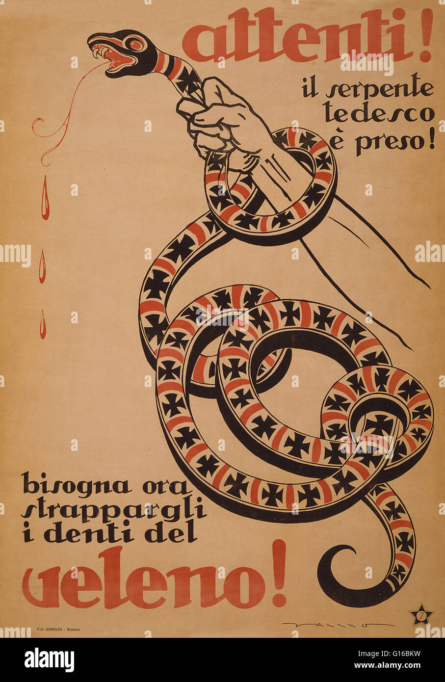 Intitulé : 'Attenti ! ...Veleno !'. Poster montre une main étranglant un serpent décoré de la Croix de fer allemande. Texte : Attention ! Le Viper allemand est prise. Il est maintenant nécessaire d'extraire les dents ! Artiste Samuel Samosud, 1919. Banque D'Images