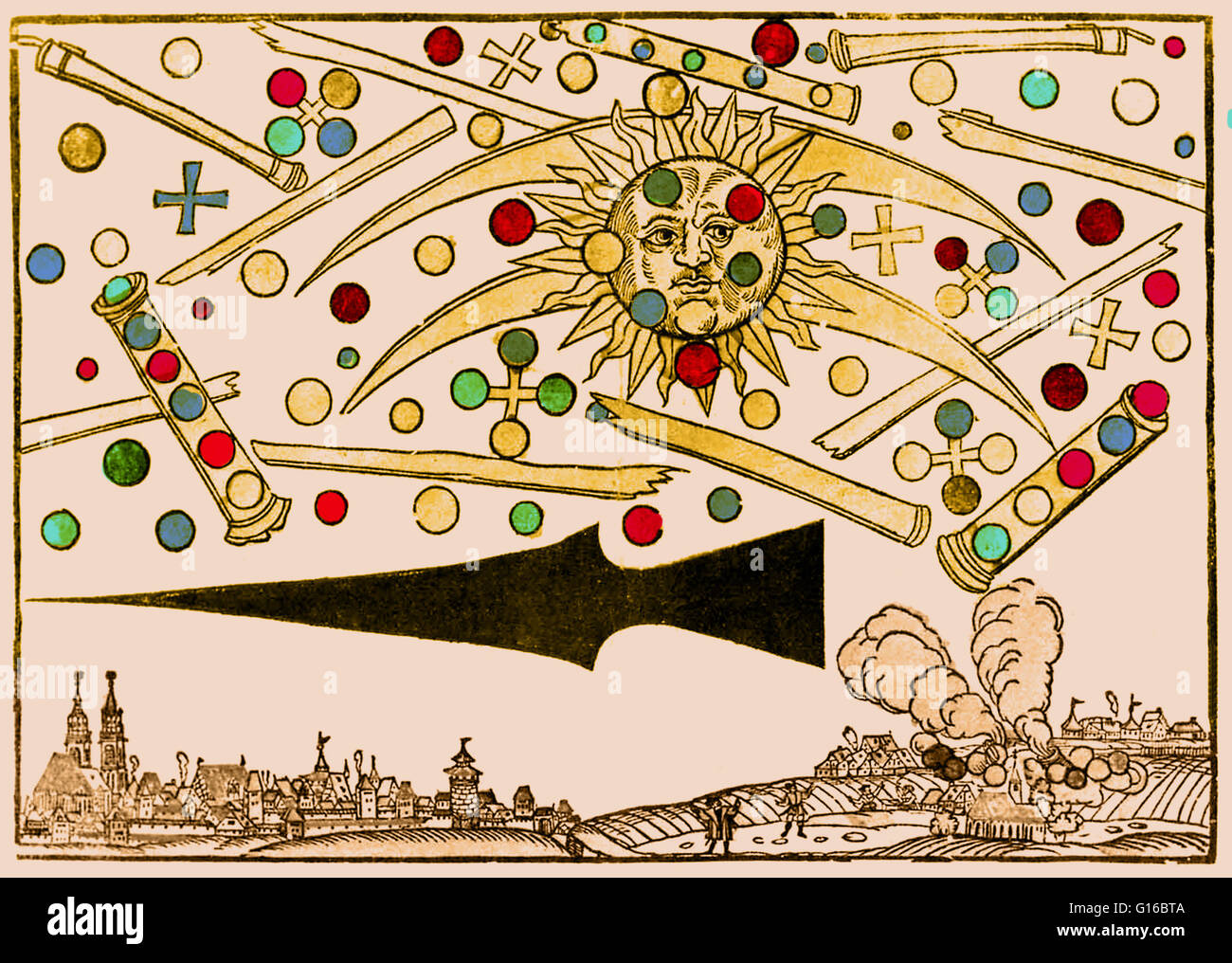 D'un enhancment couleur 16e siècle gravure sur bois appelée Nuremberg UFO par Hans Glaser. Au lever du soleil sur le 14 avril 1561, les citoyens de Nuremberg vu 'Un spectacle effroyable.' Le ciel semblait remplir d'objets cylindriques à partir de laquelle le rouge, noir, orang Banque D'Images